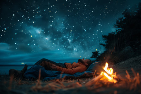 Person Laying on Blanket Next to Campfire, A tired backpacker sleeping under the stars in the wilderness, his campfire slowly dying out, AI Generatedの素材