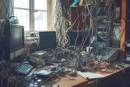 This photo captures a cluttered desk with numerous computers and an entanglement of wires, A tangled mess of cords by a home workspace, AI Generatedの素材