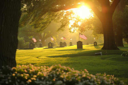 In this photo, the sun shines through the trees, casting dramatic shadows in a cemetery, A tranquil early morning scene at a military cemetery with American flags at each grave, AI Generatedの素材