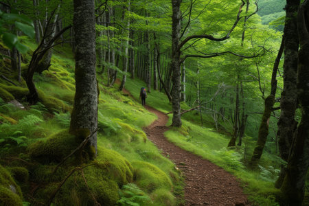 A scenic trail winding through a dense forest with vibrant green grass and towering trees, A tranquil, secluded forest trail with a lone backpacker navigating the winding path, AI Generatedの素材