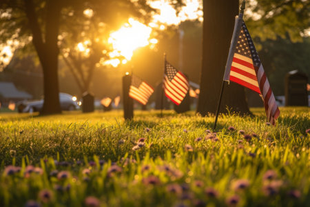 Several American flags placed in the grass at sunset, creating a patriotic scene, A tranquil early morning scene at a military cemetery with American flags at each grave, AI Generatedの素材
