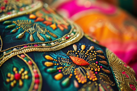 This photo captures a detailed close-up of a blue and gold colored cloth, A vibrant display of henna patterns, AI Generatedの素材
