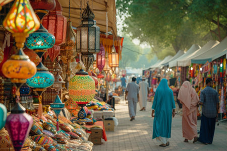 A diverse group of individuals stroll through a busy market, browsing various stalls and interacting with vendors, A vibrant Eid market with festive decorations, AI Generatedの素材