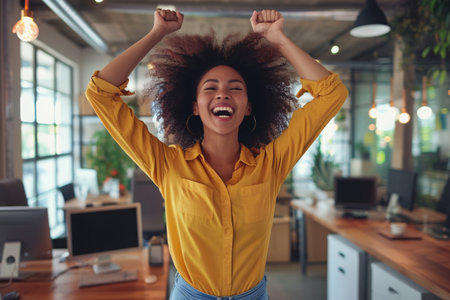 A professional woman in an office environment with her hair blowing in the air, A woman celebrating the approval of her small business loan, AI Generatedの素材