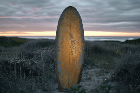 A surfboard lies still on top of the sandy beach, ready to catch the perfect wave, A weathered surfboard planted upright in the sand at dusk, AI Generatedの素材