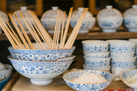 A table covered with an arrangement of numerous blue and white bowls neatly displayed, A whimsical display of chopsticks and Chinese rice bowls, AI Generatedの素材