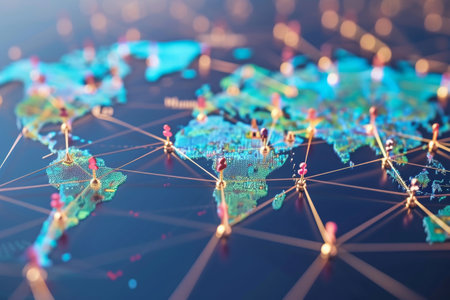 A detailed map of the world presented in shades of blue, highlighting the countries and continents, A web of globally connected remote workers, AI Generatedの素材