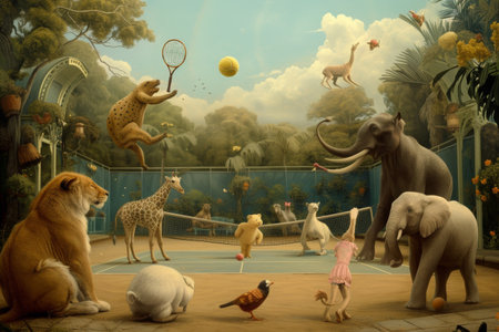 A painting showcasing various zoo animals engaged in a game of tennis, A whimsical scene where animals are playing a tennis match, AI Generatedの素材