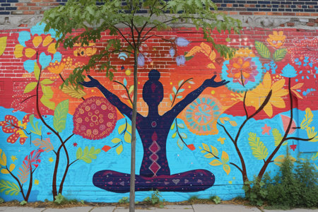 A mural depicting a person engaged in a yoga pose against a backdrop of a brick wall, A yoga-themed mural on an urban brick wall, AI Generatedの素材