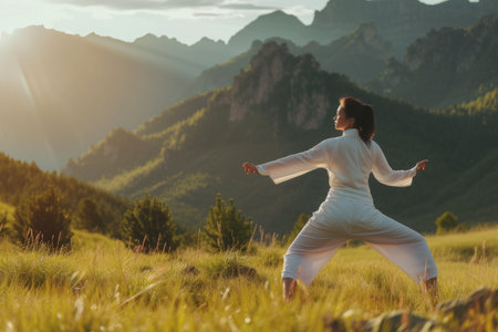 A woman stands in a vast field, stretching her arms out wide, A woman doing tai chi in a natural setting, AI Generatedの素材
