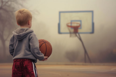 A young boy holds a basketball in front of a basketball hoop, ready to play, A young child holding a basketball, looking at an oversized hoop with determination and aspiration, AI Generatedの素材