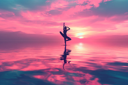 A person demonstrates a yoga pose while immersed in water, finding balance and flexibility, Balance and harmony depicted through a yoga pose, AI Generatedの素材