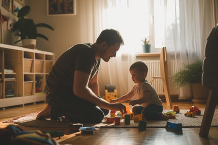 A man is engaged in play with a child, as they interact and enjoy each others company in a comfortable living room setting, Balancing work and childcare in a home environment, AI Generatedの素材