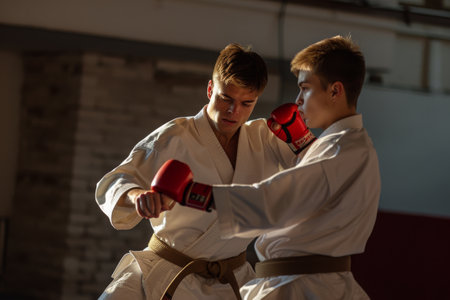 Two young men engaged in karate practice at a gym, demonstrating martial arts techniques and improving their skills, Block and counter-attack in a dramatic karate bout, AI Generatedの素材