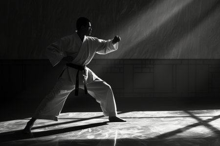 A man dressed in a traditional kimono is actively engaged in practicing karate, Black and white image of a karate stance, AI Generatedの素材