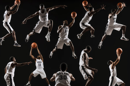 Group of Men Playing Basketball Against a Black Background, Basketball players in various poses, attempting shots and defending, forming a montage, AI Generatedの素材