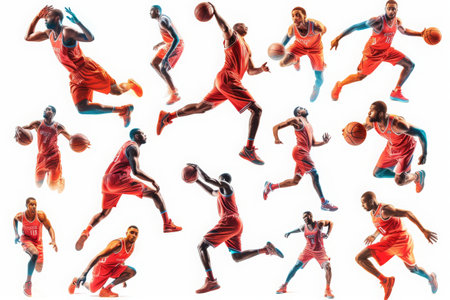 A Group of Basketball Players in Different Positions, Basketball players in various poses, attempting shots and defending, forming a montage, AI Generatedの素材