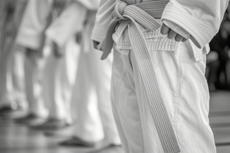 A diverse group of individuals stand side by side, creating a powerful display of unity and togetherness, Bow of respect before a karate match starts, AI Generatedの素材
