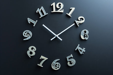 A photograph showcasing a clock made of metal numbers placed on a sleek black surface, Clock shape with dollar signs instead of numbers symbolising time value of money, AI Generatedの素材