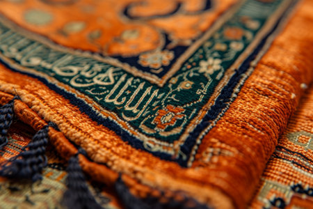 A detailed view of a rug with a combination of orange and blue colors, Close-up detail of a woven Islamic prayer rug, AI Generatedの素材