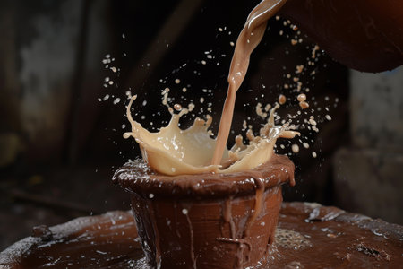 A person pouring milk into a chocolate cup, creating a delicious and creamy beverage, Chai being poured from a height into a clay cup, creating splashes, AI Generatedの素材
