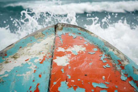 A detailed view of a boat floating on the water, highlighting its structure and surroundings, Close-up of a distressed surfboard with chipping paint and a background of crashing waves, AI Generatedの素材