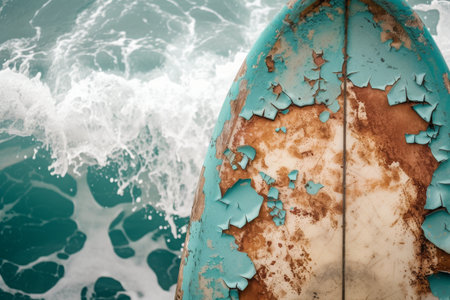 A worn-out surfboard covered in rust sits motionless on the surface of the ocean, Close-up of a distressed surfboard with chipping paint and a background of crashing waves, AI Generatedの素材
