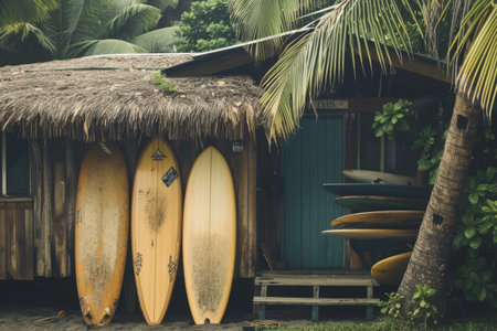 A row of surfboards neatly arranged in front of a traditional hut by the beach, Classic wooden surfboards leaning against a vintage surf shack, AI Generatedの素材