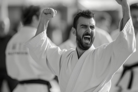 A man standing with his arms extended upward in a gesture of triumph or celebration, Celebration moment after achieving a karate black belt, AI Generatedの素材