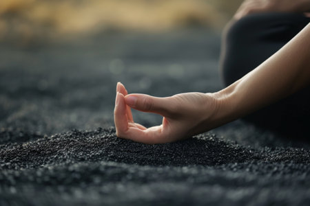 A person sitting on the ground, raising their hands in the air, Close up of a hand touching the ground in a yoga pose, AI Generatedの素材