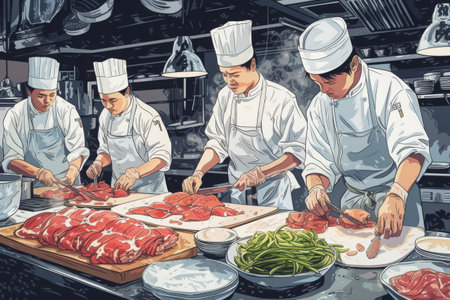 A team of chefs working together to prepare delicious meals in a professional kitchen, Comic-styled interpretation of Peking duck preparation process, AI Generatedの素材