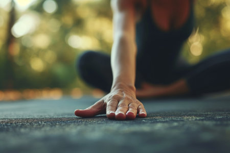 A person is seated on the ground with their hands resting on the ground beside them, Close up of a hand touching the ground in a yoga pose, AI Generatedの素材