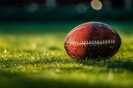 A detailed view of a football captured up close on a sports field, Close-up of a rugby ball on a green field with dramatic lighting, AI Generatedの素材