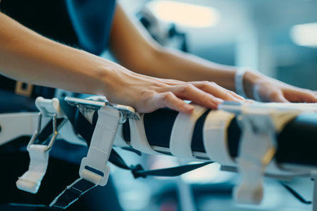 A detailed view of a persons hands gripping the handlebars of a bike, Close up view of hands deploying physical therapy equipment, AI Generatedの素材