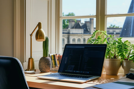A laptop computer sits on top of a wooden desk in a simple office environment, Convenience and flexibility in teleworking depicted with a home office setup, AI Generatedの素材