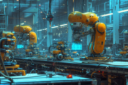 This photo captures a factory bustling with activity as it showcases numerous yellow robots engaged in various tasks, Cybernetic organisms working in a high-tech factory, AI Generatedの素材