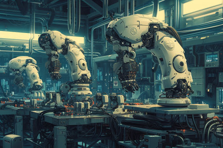 A team of robots efficiently working together on a machine in a factory setting, Cybernetic organisms working in a high-tech factory, AI Generatedの素材