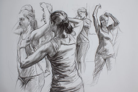 A detailed black and white drawing depicting a lively gathering of individuals engaged in various dance moves, Detailed drawing of a physical therapist teaching stretches and exercises, AI Generatedの素材