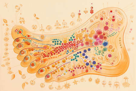 A striking painting capturing the many colors of a beautiful bird with intricate details, Detailed illustration of a reflexology foot map, AI Generatedの素材