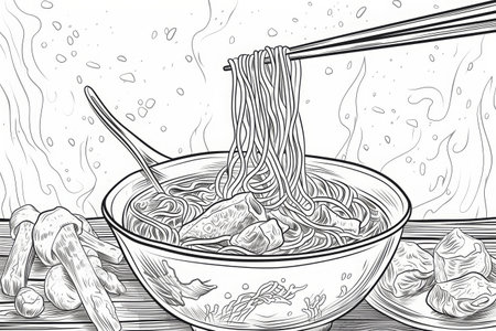A detailed drawing of a bowl filled with noodles, accompanied by a pair of chopsticks placed on top, against a plain white background, Detailed line art of freshly made Chinese noodles, AI Generatedの素材