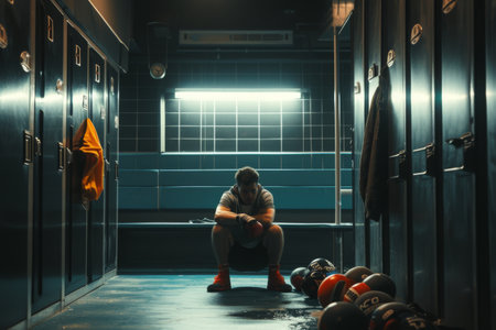 A man is seen sitting in a locker room next to a group of lockers, engrossed in his thoughts, Disheartened boxer sitting alone in the locker room after a lost match, AI Generatedの素材