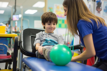A young boy sits in a chair beside an adult woman, engaging in conversation, Draw children engaged in pediatric physical therapy sessions, AI Generatedの素材