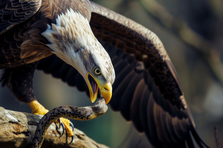 A photo of a large bird gripping a snake tightly in its mouth, Eagle hunting a snake in a brutal display of nature, AI Generatedの素材
