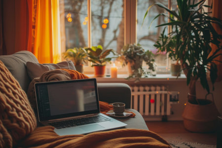 A laptop computer is positioned on top of a couch, providing a convenient workspace, Efficient and cozy teleworking environment, AI Generatedの素材