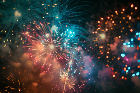 Colorful fireworks explode and light up the night sky with vibrant bursts and patterns, Eid festivities with colorful fireworks, AI Generatedの素材