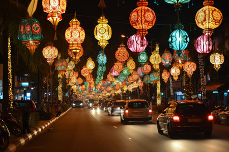 This photograph showcases a lively street adorned with numerous vibrant lights, casting a mesmerizing glow and illuminating the surroundings, Eid decorations brightening up the streets, AI Generatedの素材