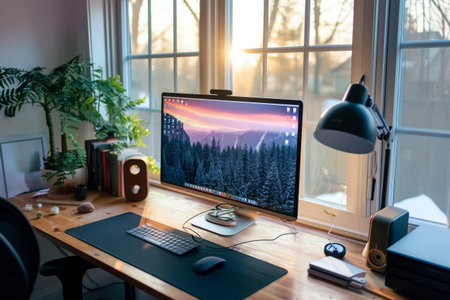 A typical desktop computer sitting on top of a sturdy wooden desk, ready for use, Ergonomic home workspace with health conscious design, AI Generatedの素材