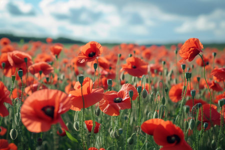 Field of Red Flowers Under Cloudy Sky, Field of red poppies with the phrase 'Lest We Forget' on Memorial Day, AI Generatedの素材