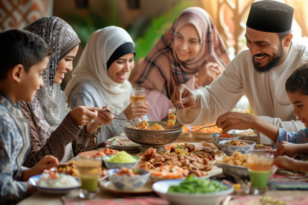 Group of People Sitting Around a Table Eating Food, Family gathering around the table for Islamic fast-breaking meal, AI Generatedの素材