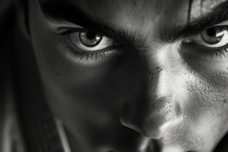 This close-up photograph showcases a persons face with remarkably large eyes, providing a detailed view of their unique feature, Focus and determination in the eyes of a karate fighter, AI Generatedの素材